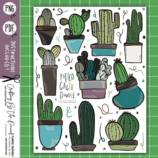 Potted Cacti Doodles Printable Sticker Sheet